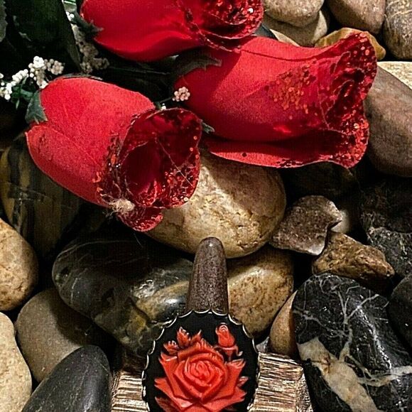 Large Christmas gift bridal Gothic Steampunk ring  RED Full Bloom Rose Cameo - Picture 3 of 9